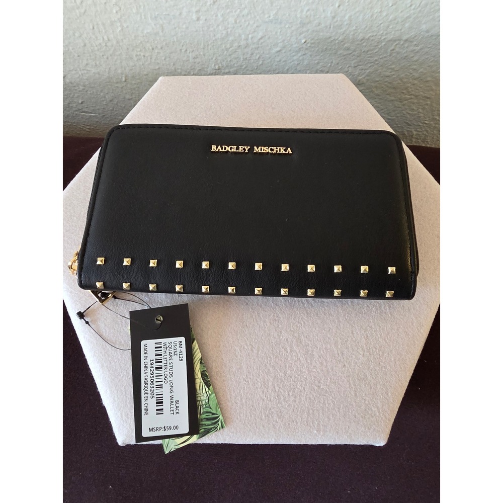 Badgley Mischka Black Square Studs Long Wallet BM-4129 Gold Logo Zip Around